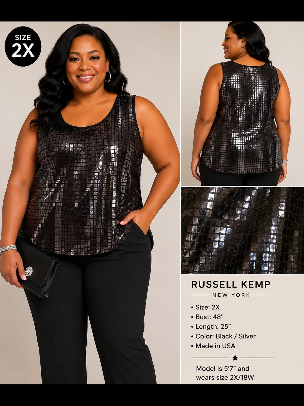 Russell Kemp 2X Black Mirror Tile Sleeveless Party Top Made in USA